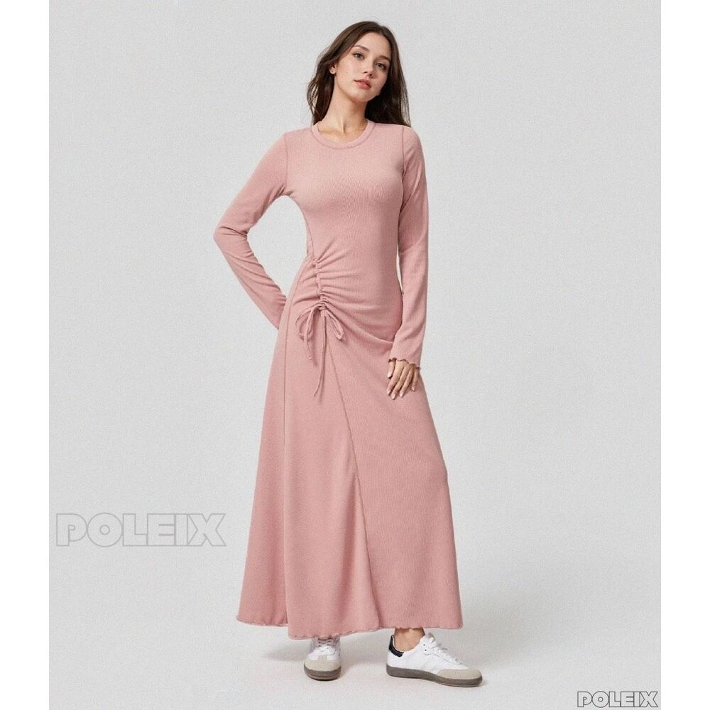 Halara Stunning Maxi Dress with Flare Hem Ribbed Lettuce Edge Long Sleeve S NWT